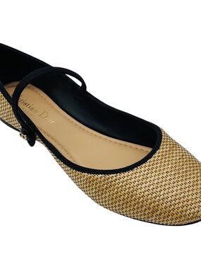CHRISTIAN DIOR NATURAL / BLACK LOVELY-D RAFFIA STRAW MARY JANE STRAP BALLERINA B